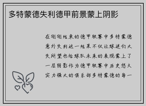 多特蒙德失利德甲前景蒙上阴影