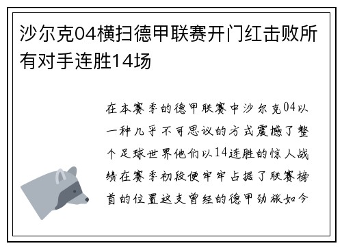 沙尔克04横扫德甲联赛开门红击败所有对手连胜14场