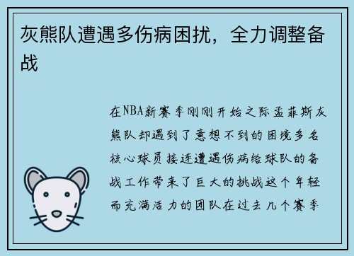 灰熊队遭遇多伤病困扰，全力调整备战